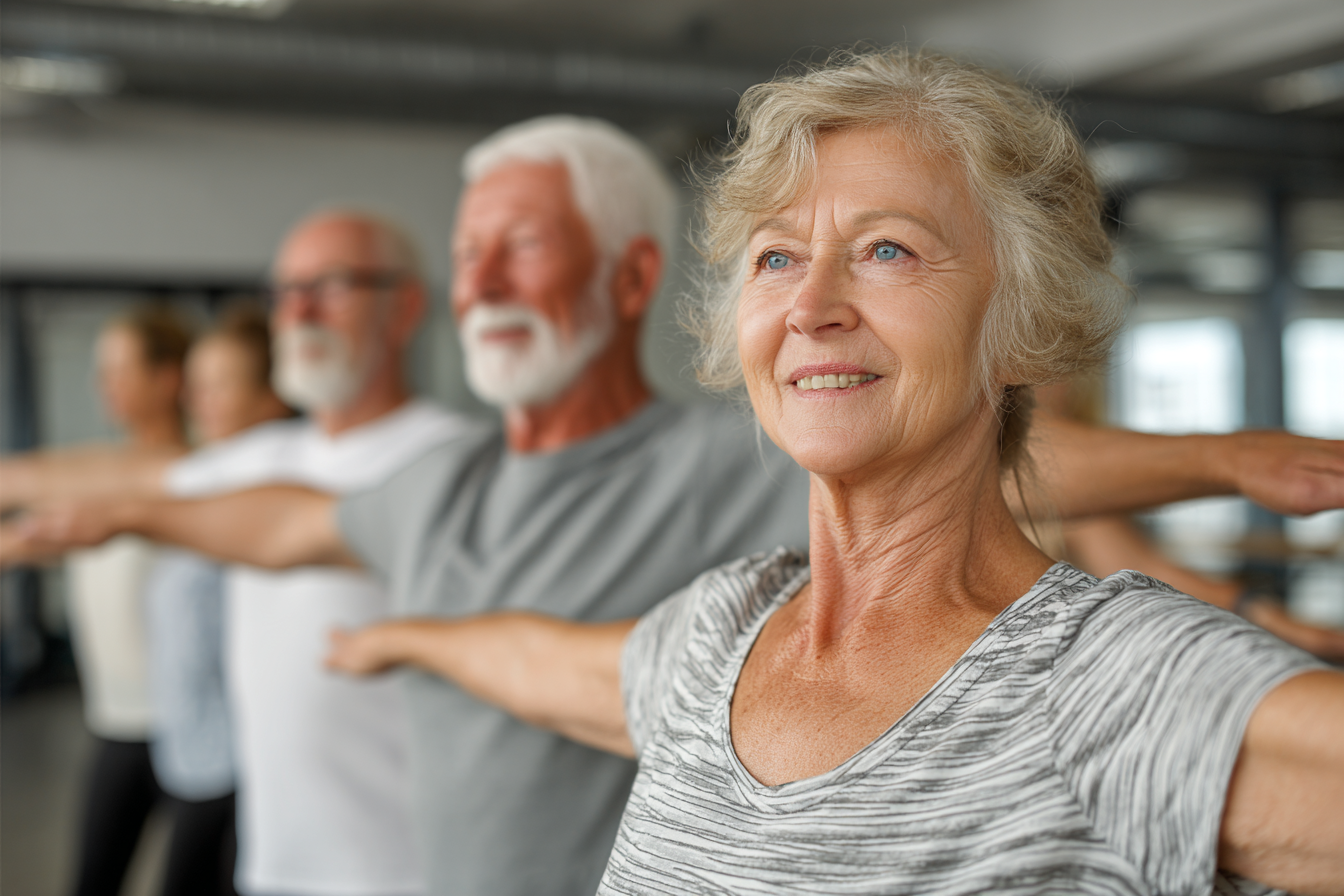 Группа активных людей зрелого возраста на занятии танцевальной терапии