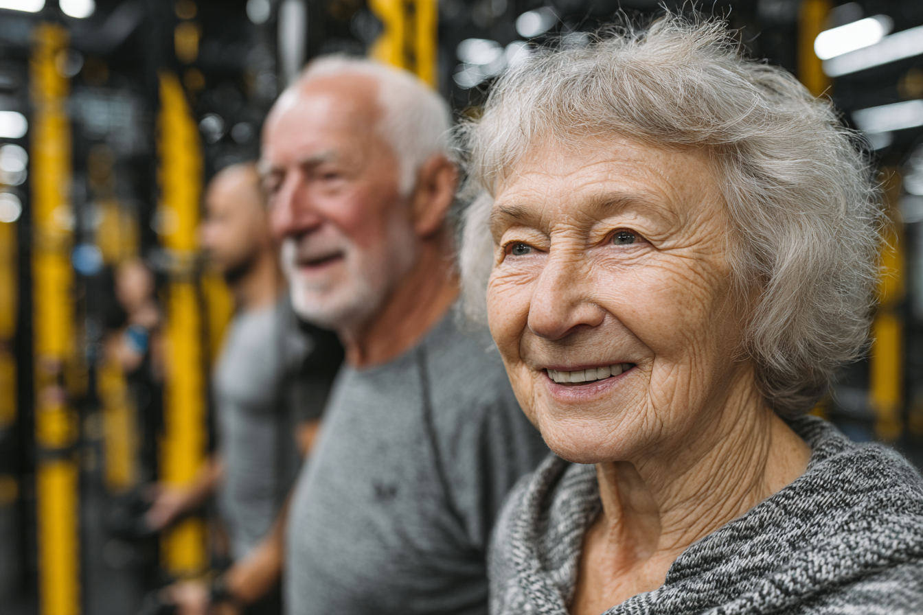 Счастливые люди зрелого возраста после занятия, излучающие радость и энергию